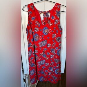 Paraphrase Red Floral Print Sheath Dress Size 8 Sleeveless Tie Neck Side Zip